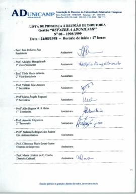 Ata de Reunião da Diretoria número 08 / 1998-1999 em 24/08/1998 às 17:00.