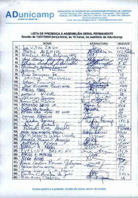 Lista de presença de Ata de Assembleia Geral de 13-07-2004