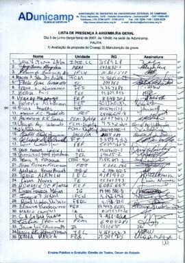 Lista de presença de Ata de Assembleia Geral de 05-06-2007