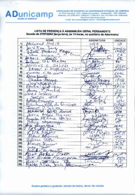 Lista de presença de Ata de Assembleia Geral de 27-07-2004