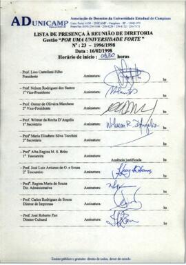 Ata de Reunião da Diretoria número 23 / 1996-1998 em 16/02/1998 às 09:30.