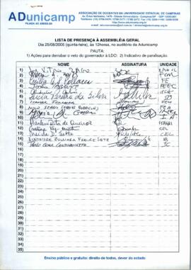 Lista de presença de Ata de Assembleia Geral de 25-08-2005