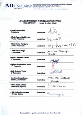 Ata de Reunião da Diretoria 2001-2002 em 22/06/2001 às 14:00.