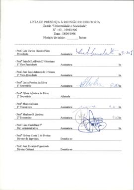 Ata de Reunião da Diretoria número 43 / 1995-1996 em 18/09/1996 às 09:30.