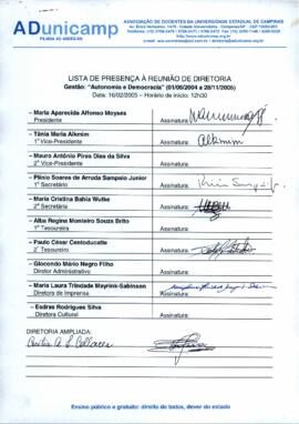 Ata de Reunião da Diretoria 2004-2005 em 16/02/2005 às 12:00.