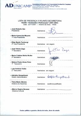 Ata de Reunião da Diretoria 2001-2002 em 23/11/2001 às 14:00.