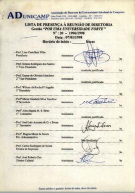 Ata de Reunião da Diretoria número 20 / 1996-1998 em 07/01/1998 às 11:00.