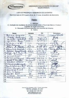 Lista de presença de Ata de Assembleia Geral de 23-05-2012