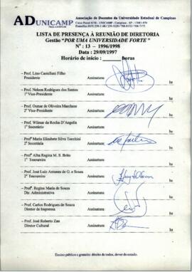 Ata de Reunião da Diretoria número 13 / 1996-1998 em 29/09/1997 às 14:30.