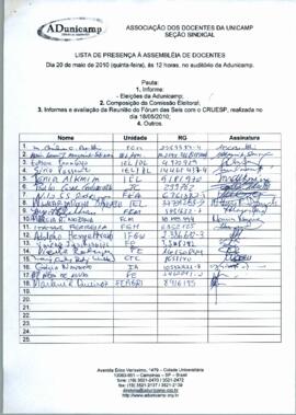 Lista de presença de Ata de Assembleia Geral de 20-05-2010