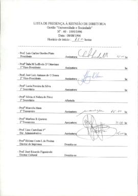 Ata de Reunião da Diretoria número 40 / 1995-1996 em 08/08/1996 às 15:00.