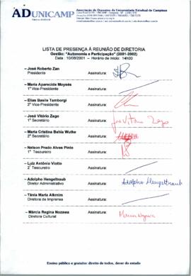 Ata de Reunião da Diretoria 2001-2002 em 10/08/2001 às 14:00.