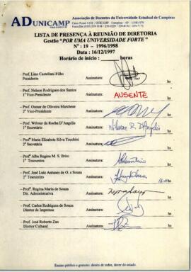 Ata de Reunião da Diretoria número 19 / 1996-1998 em 16/12/1997 às 14:30.