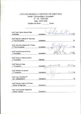 Ata de Reunião da Diretoria número 38 / 1995-1996 em 04/07/1996 às 15:45.