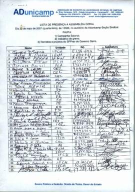 Lista de presença de Ata de Assembleia Geral de 23-05-2007