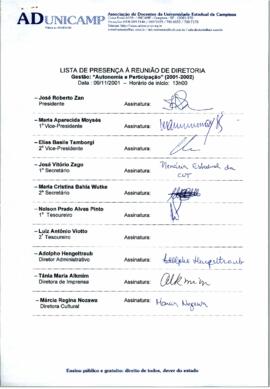 Ata de Reunião da Diretoria 2001-2002 em 09/11/2001 às 13:00.