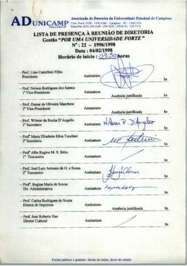 Ata de Reunião da Diretoria número 22 / 1996-1998 em 04/02/1998 às 09:30.