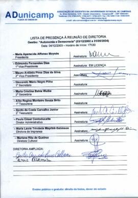 Ata de Reunião da Diretoria 2002-2004 em 04/12/2003 às 17:30.