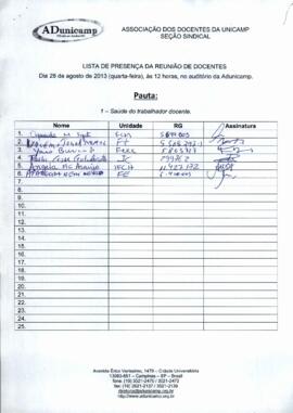 Lista de presença de Ata de Assembleia Geral de 28-08-2013