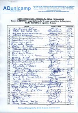 Lista de presença de Ata de Assembleia Geral de 02-08-2004